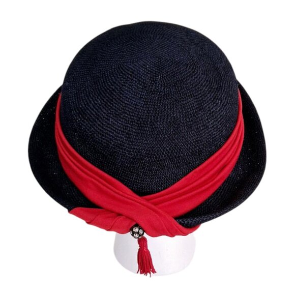Mid-Century "Ellen Jane" Navy Blue Straw Derby Style Hat w/Red Ribbon Trim - Picture 7 of 11